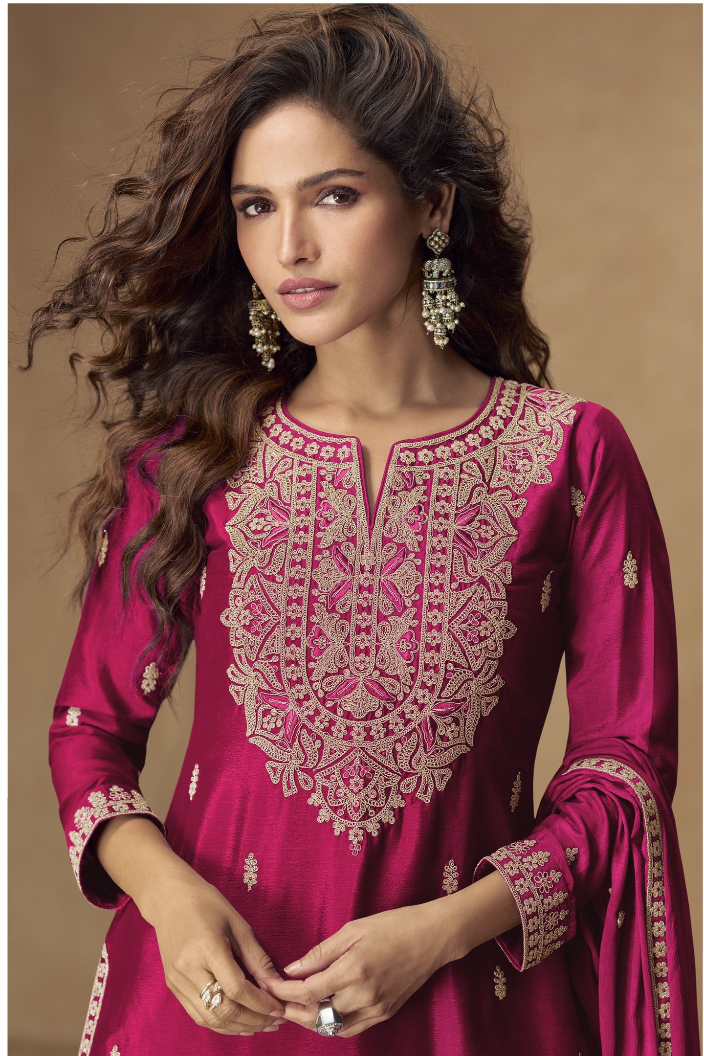 Magenta Chinon Silk Palazo Pakistani Suits Online USA with Sequins Embroidery