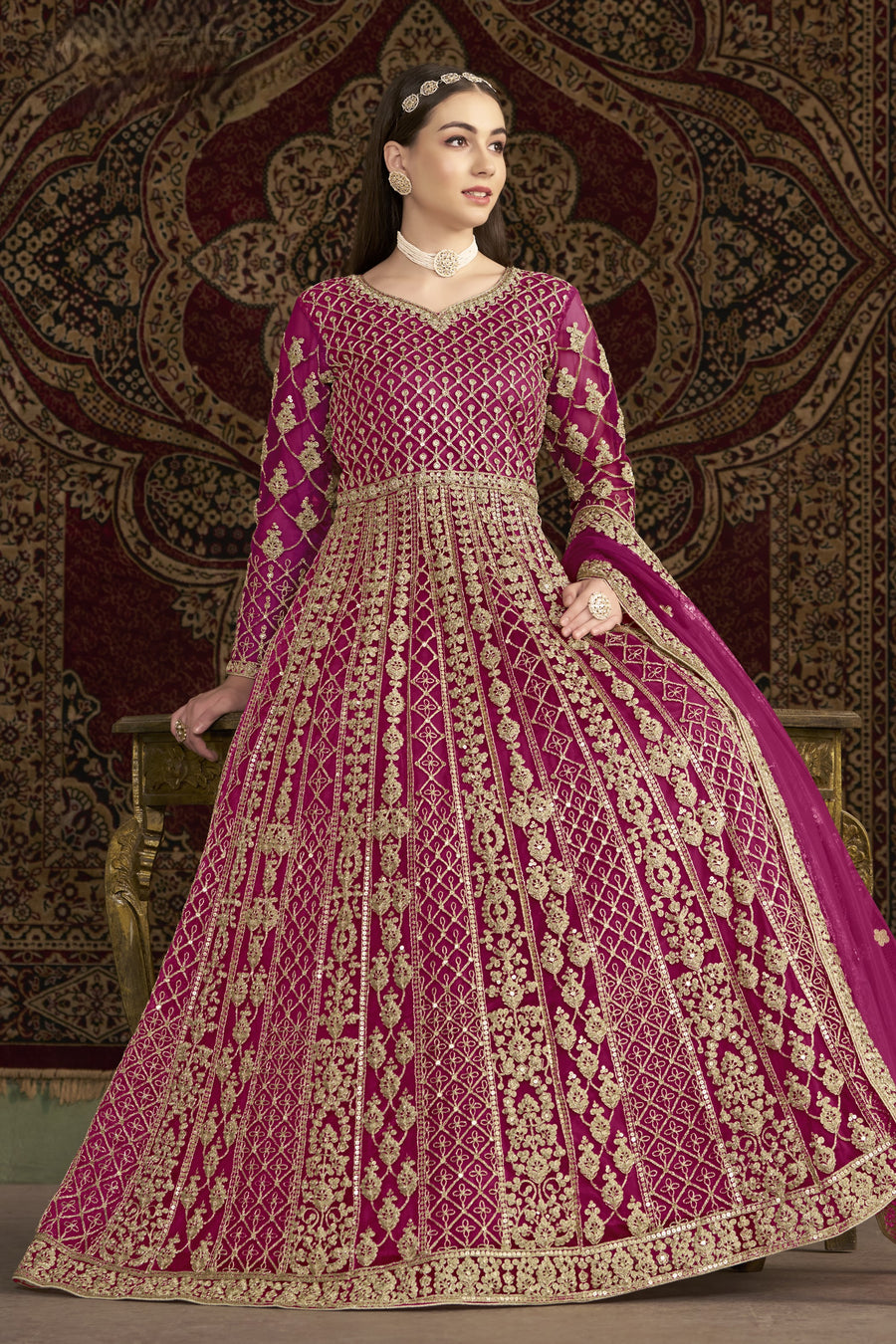 Magenta Net Anarkali Suits for Wedding with Dori and Sequins Embroidery