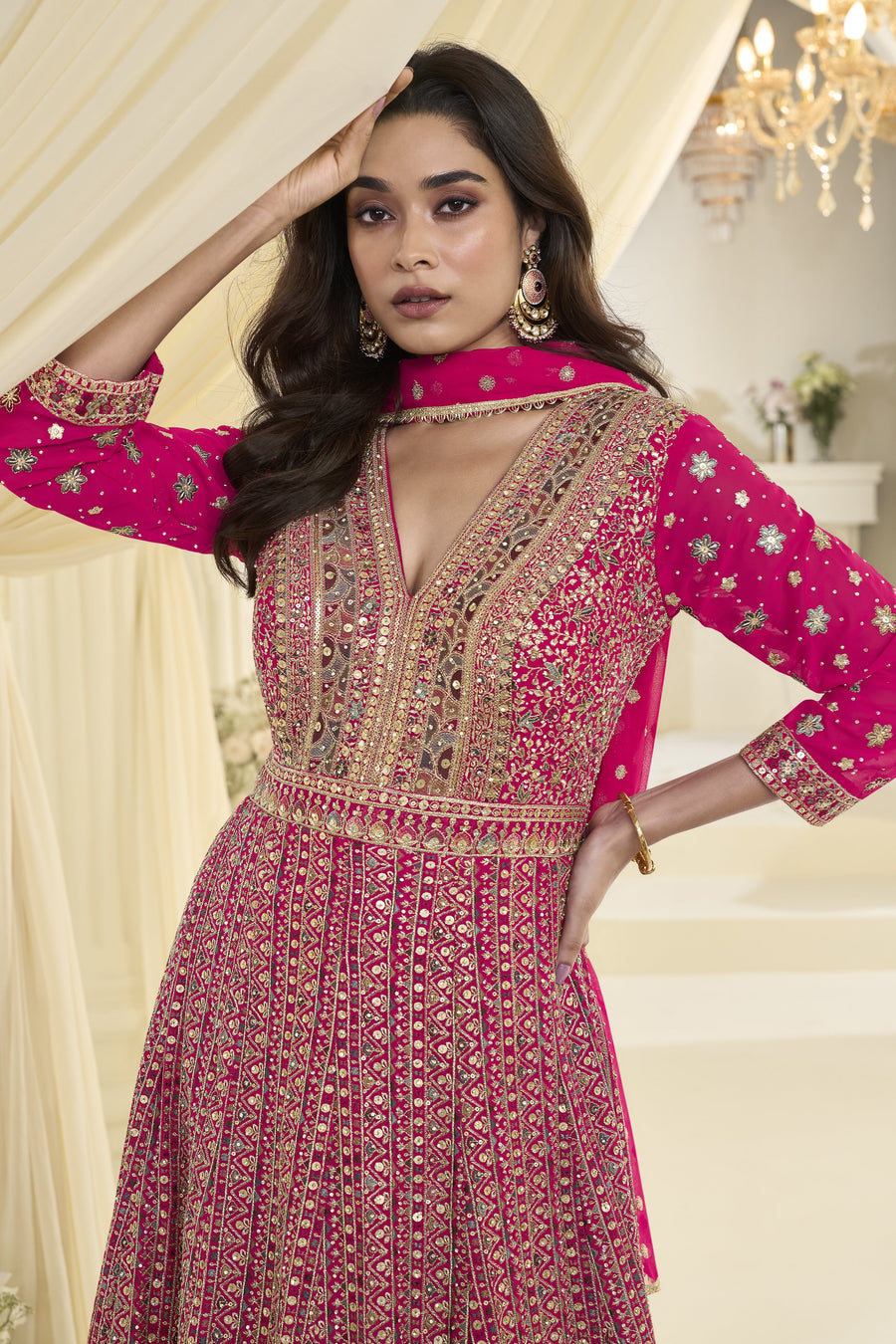 Magenta Georgette Anarkali Dress for Sangeet with Zari and Resham Embroidery
