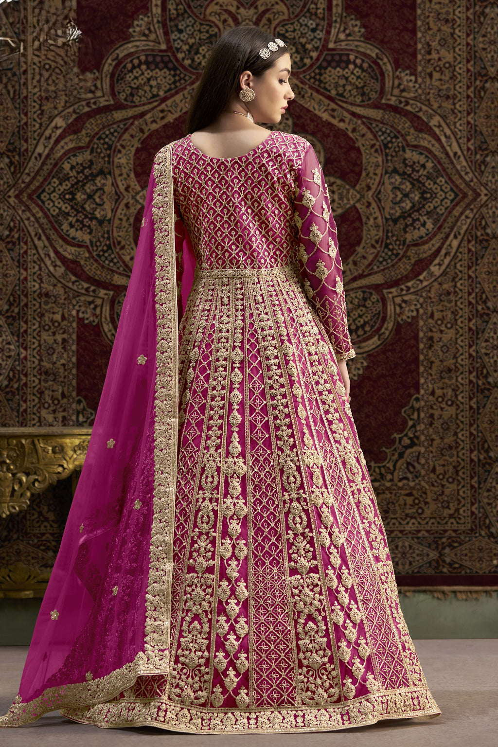 Magenta Net Anarkali Suits for Wedding with Dori and Sequins Embroidery