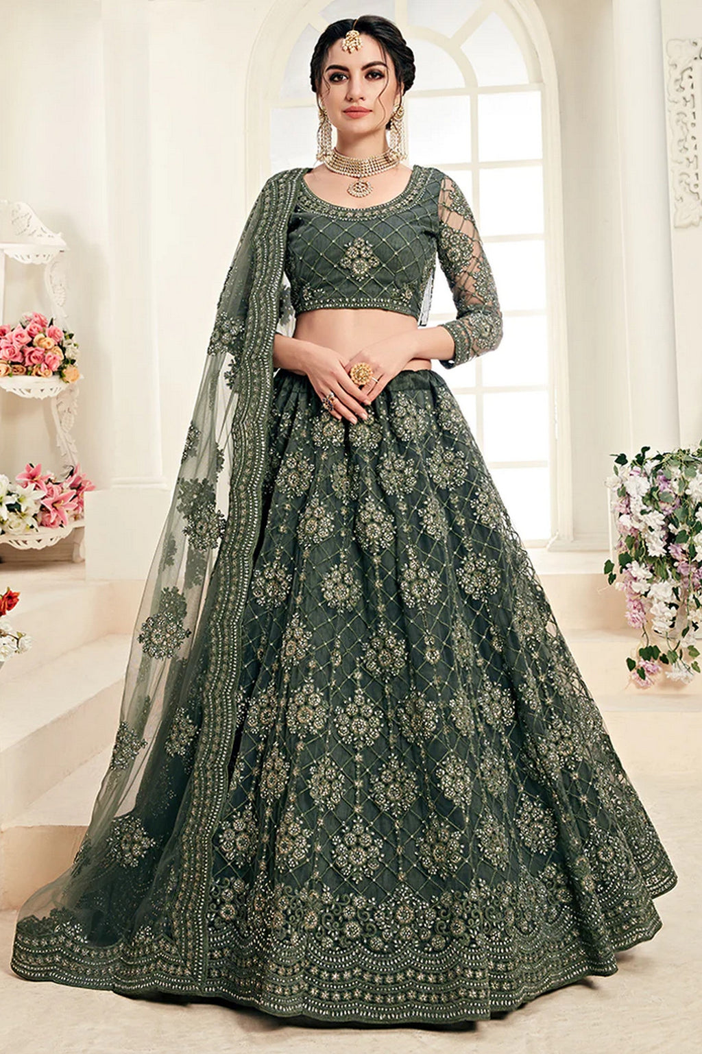 Mahendi net lehenga choli with embroidery and dupatta – front view, Indian wedding outfit by Hatke Bride
