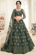 Mahendi net lehenga choli with embroidery and dupatta – front view, Indian wedding outfit by Hatke Bride