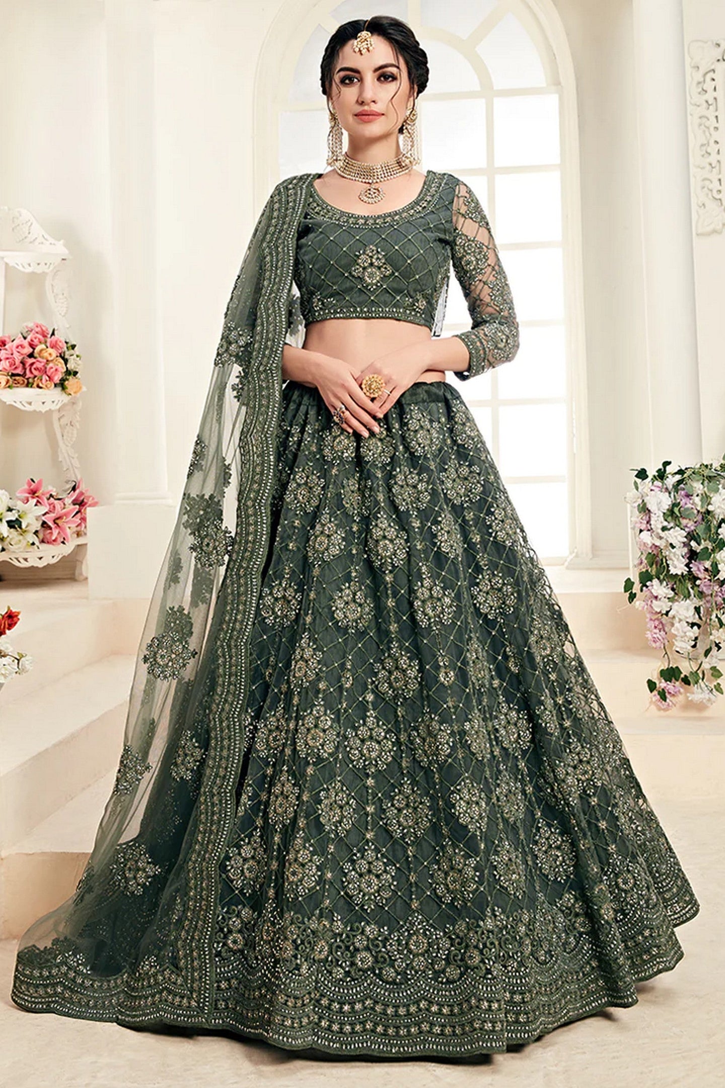 Mahendi net lehenga choli with embroidery and dupatta – front view, Indian wedding outfit by Hatke Bride