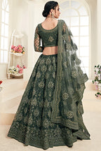 Mahendi net lehenga choli back view showing thread and badla embroidery