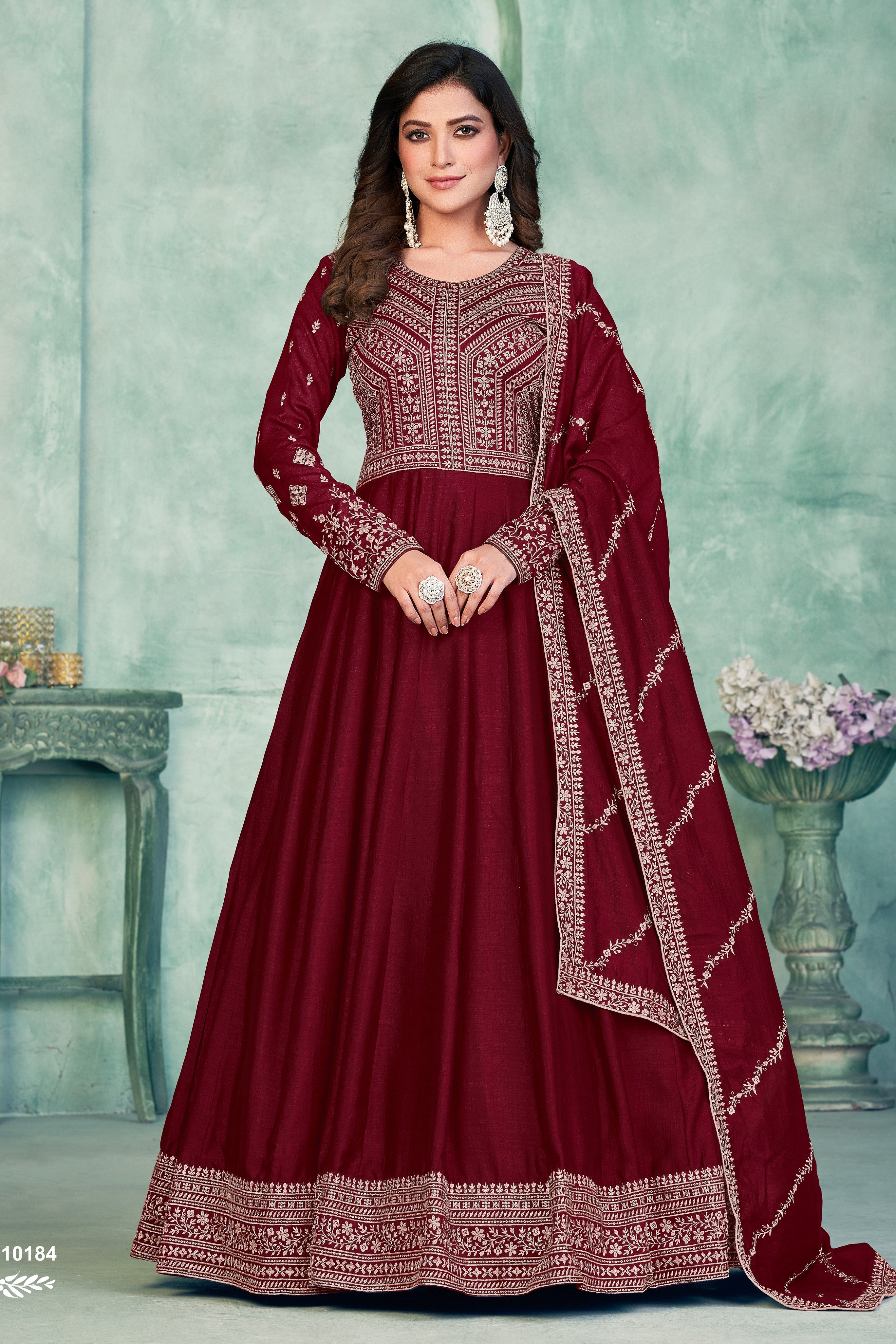 Maroon Art Silk Anarkali Suit for Wedding with Sequins Work