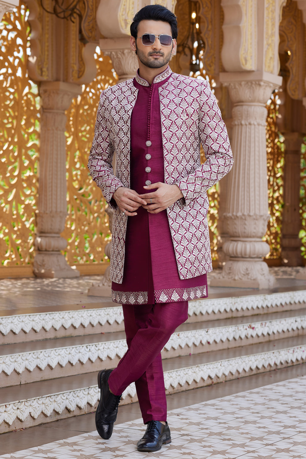 Maroon Art Silk Indo Western Suit Long Kurta with Jacket, Pant & Dupatta for Men for Wedding - Thread Embroidery Work