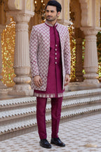 Maroon Art Silk Indo Western Suit Long Kurta with Jacket, Pant & Dupatta for Men for Wedding - Thread Embroidery Work
