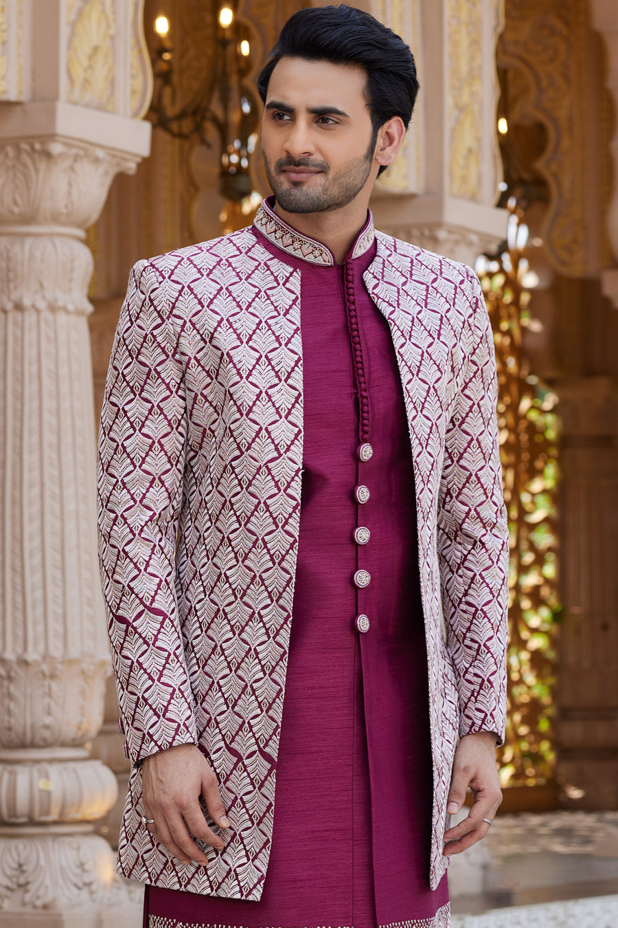 Maroon Art Silk Indo Western Suit Long Kurta with Jacket, Pant & Dupatta for Men for Wedding - Thread Embroidery Work
