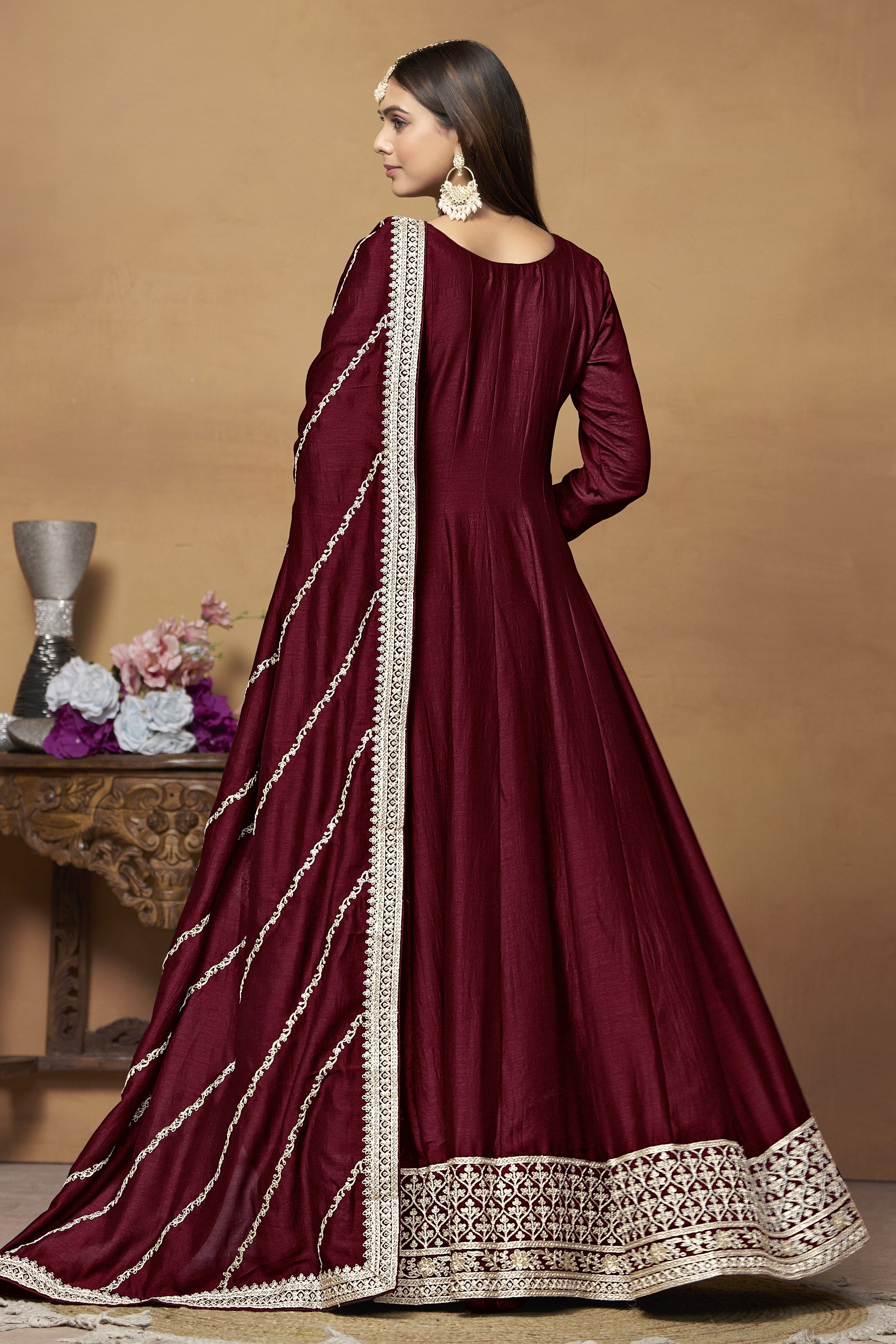 Maroon Art Silk Plain Anarkali Suit with Sequins Work