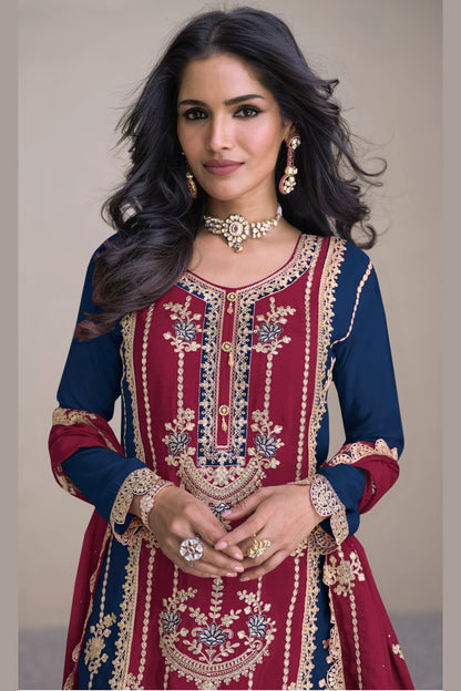 Maroon Chinon Plazo Suits For Indian Festivals & Pakistani Weddings - Embroidery Work