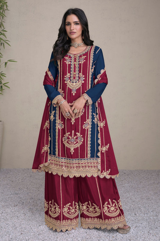 Maroon Chinon Plazo Suits For Indian Festivals & Pakistani Weddings - Embroidery Work