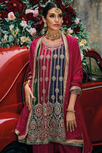 Maroon Chinon Silk Kameez with Plazzo And Dupatta For Indian Suit Festivals & Pakistani Weddings - Embroidery Work