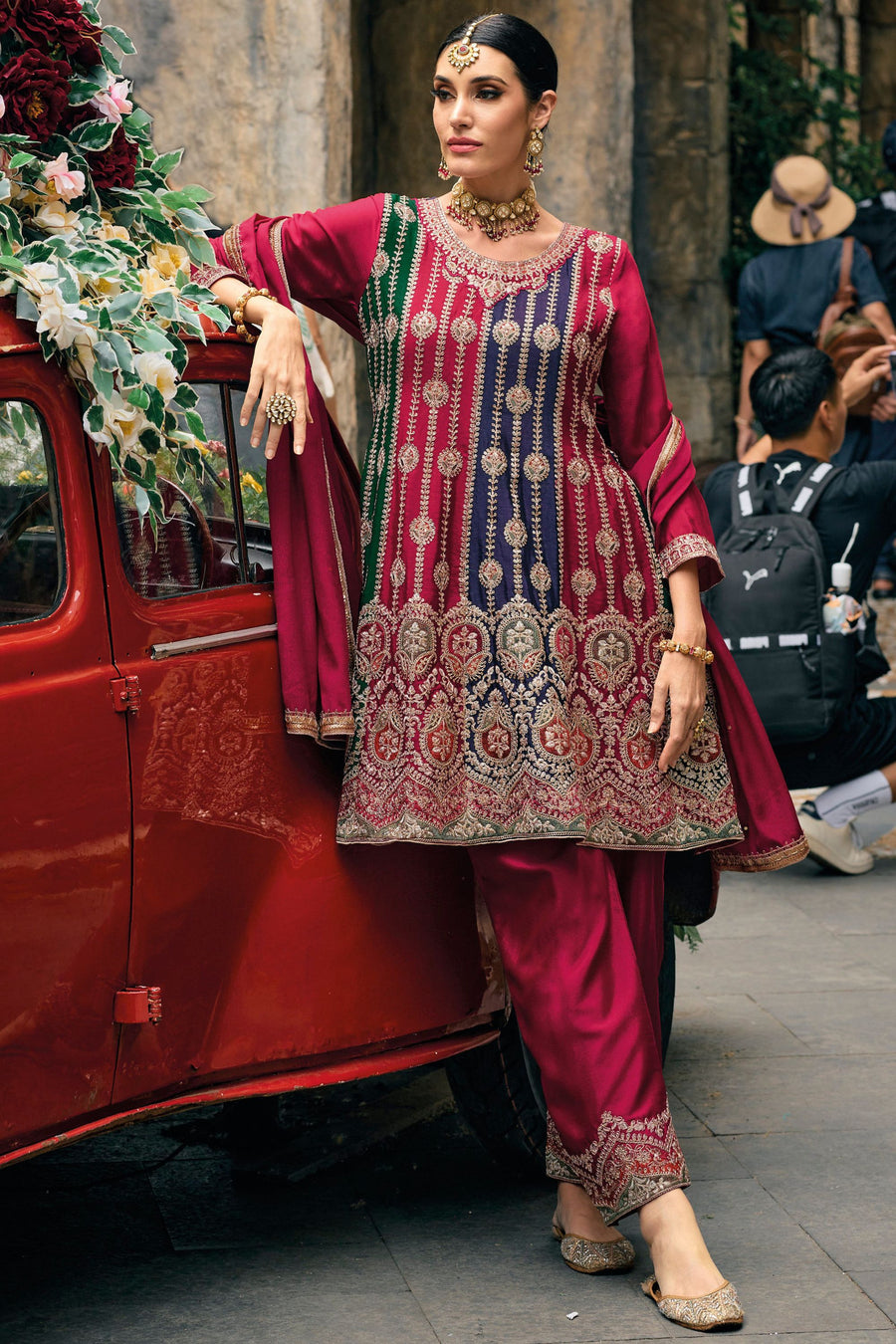 Maroon Chinon Silk Kameez with Plazzo And Dupatta For Indian Suit Festivals & Pakistani Weddings - Embroidery Work