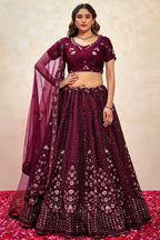 Maroon Silk Lehenga Choli For Indian Festivals & Pakistani Weddings Dress - Thread Embroidery Work, Sequence Embroidery Work