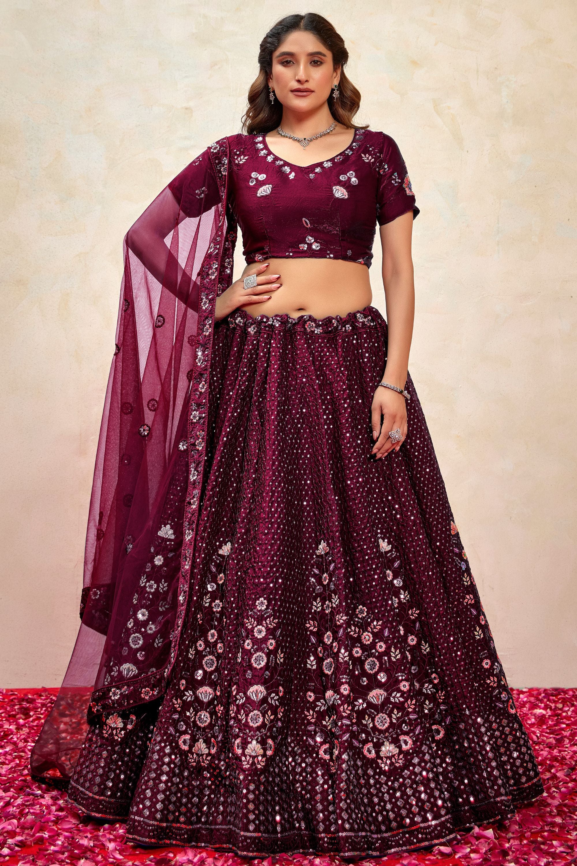 Maroon Silk Lehenga Choli For Indian Festivals & Pakistani Weddings Dress - Thread Embroidery Work, Sequence Embroidery Work