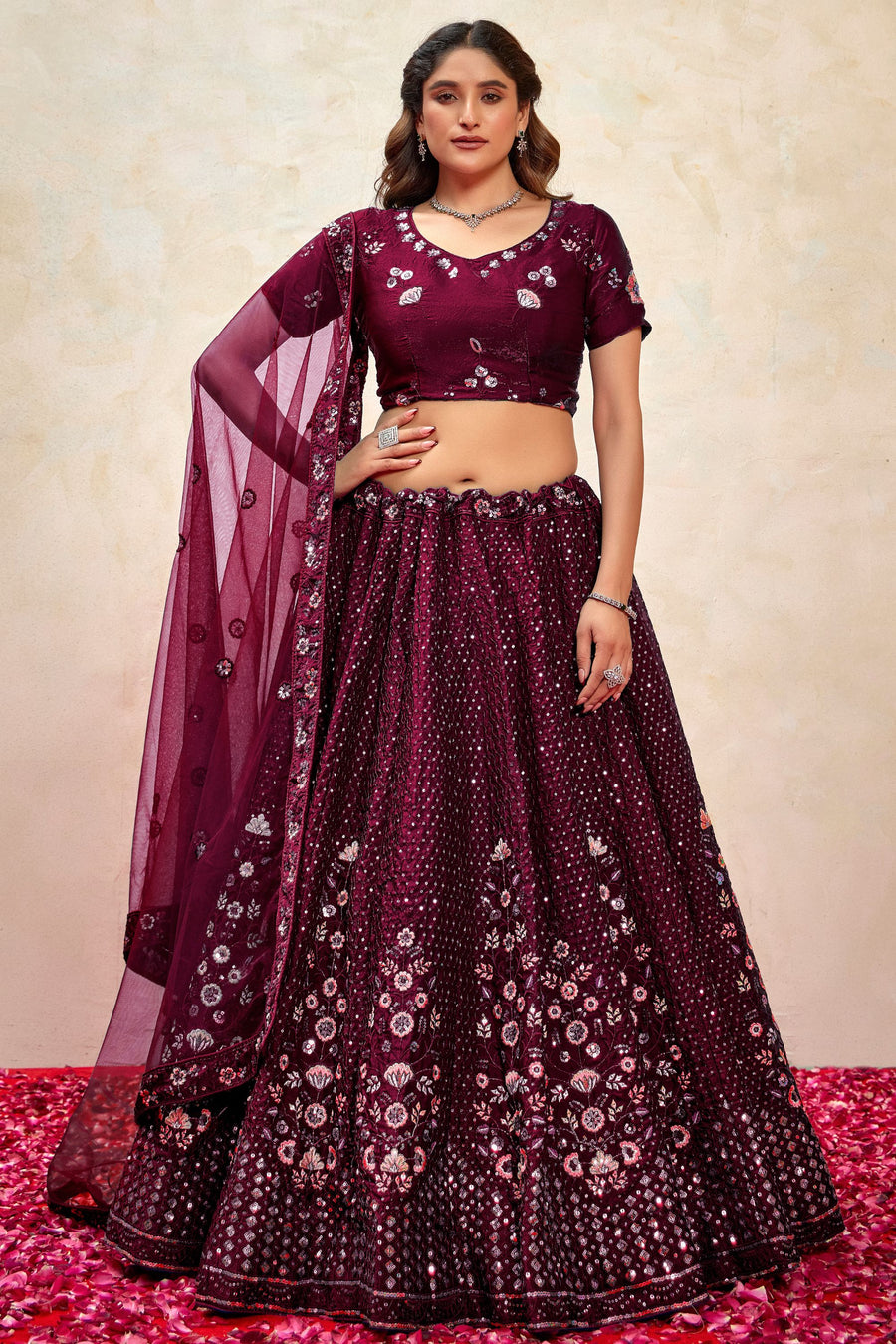 Maroon Silk Lehenga Choli For Indian Festivals & Pakistani Weddings Dress - Thread Embroidery Work, Sequence Embroidery Work