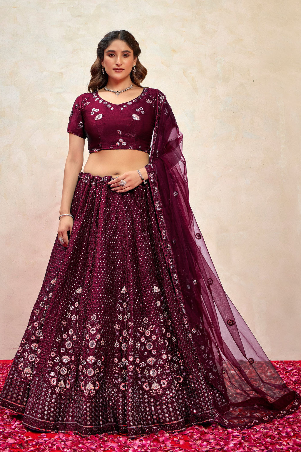 Maroon Silk Lehenga Choli For Indian Festivals & Pakistani Weddings Dress - Thread Embroidery Work, Sequence Embroidery Work