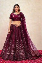 Maroon Silk Lehenga Choli For Indian Festivals & Pakistani Weddings Dress - Thread Embroidery Work, Sequence Embroidery Work