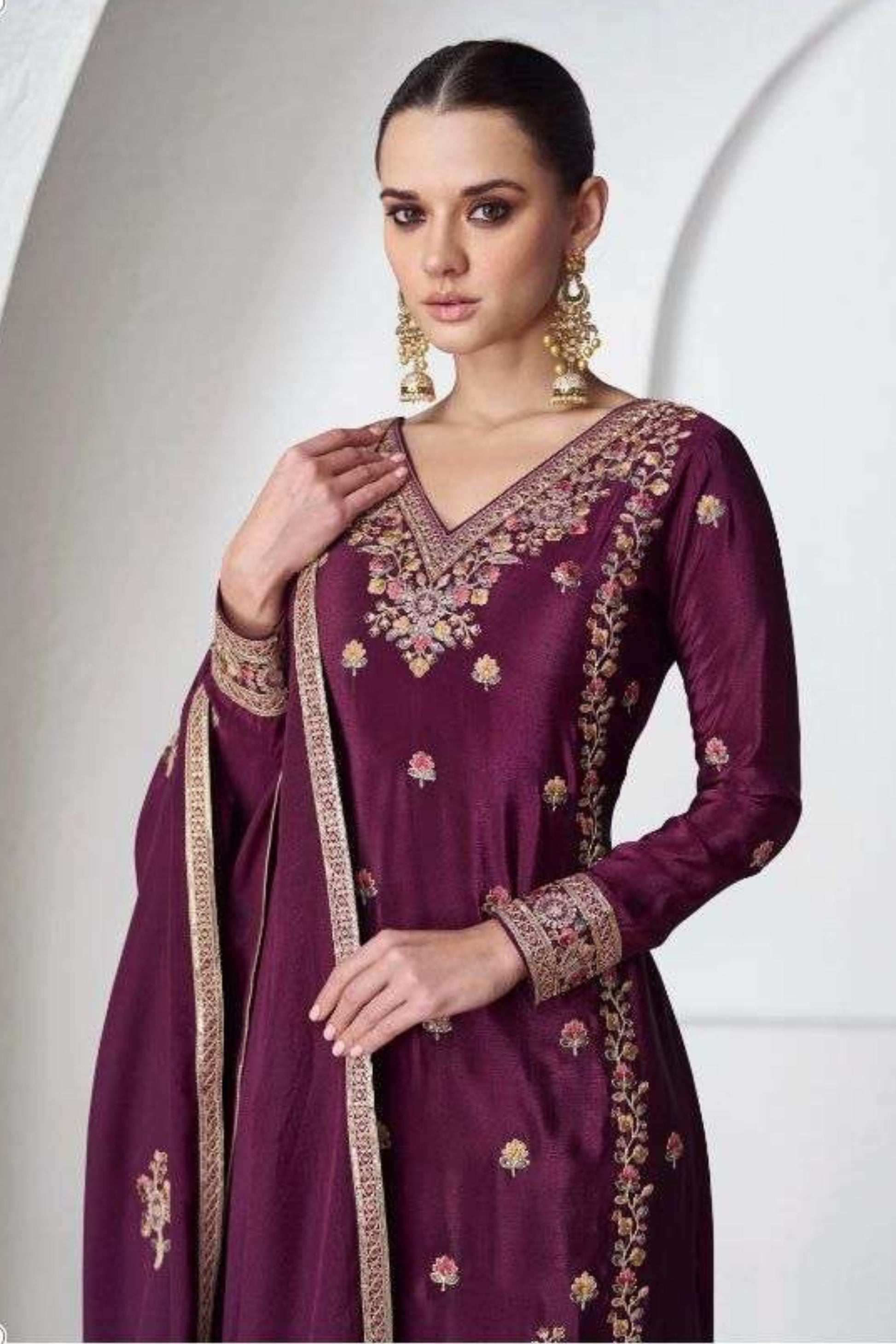 Maroon Chinon Silk Palazzo Suit Dress For Indian Weddings & Pakitani Festival - Embroidery Work