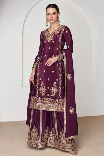 Maroon Chinon Silk Palazzo Suit Dress For Indian Weddings & Pakitani Festival - Embroidery Work