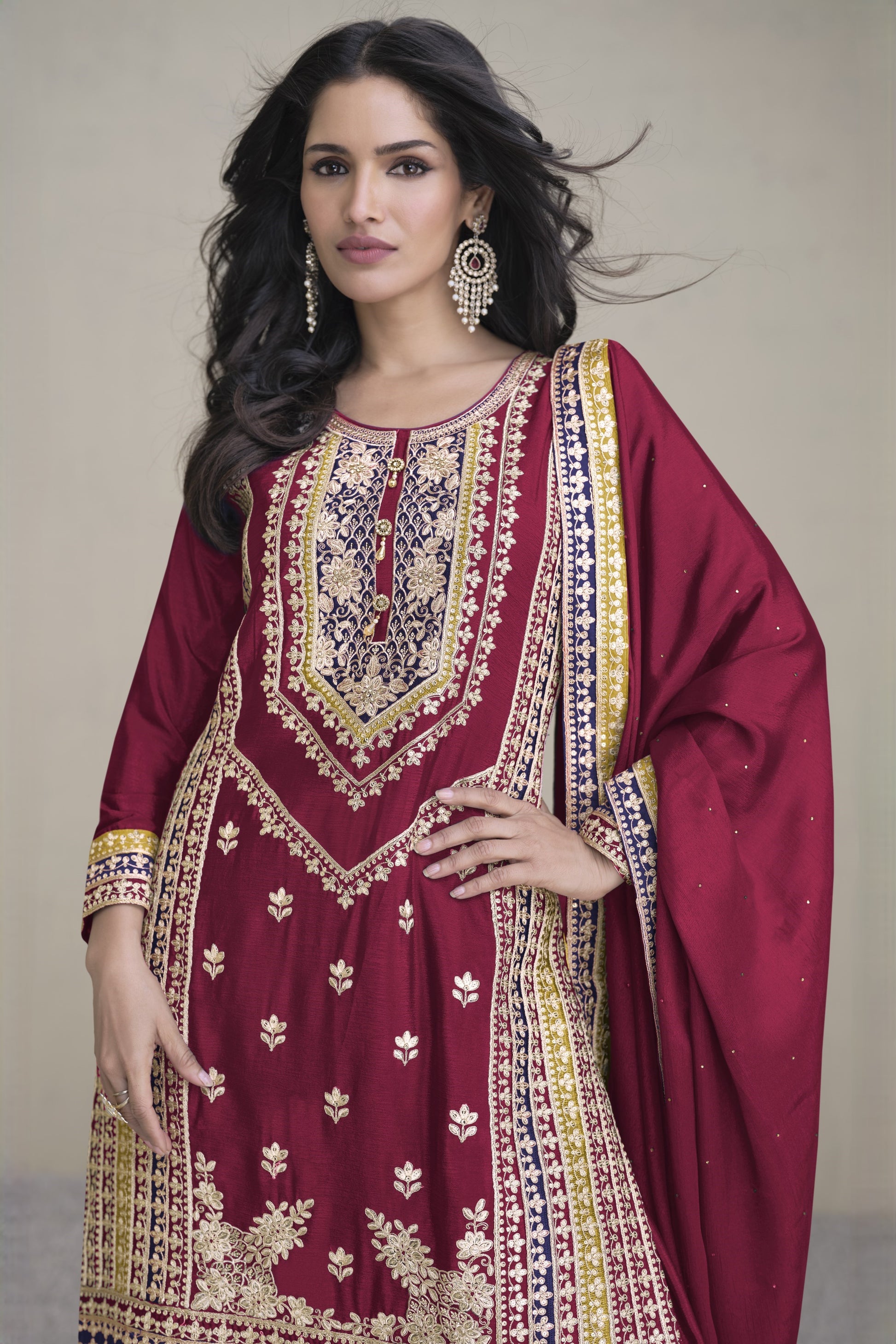 Maroon Chinon Silk Palazzo Suit For Indian Weddings & Pakitani Festival - Embroidery Work