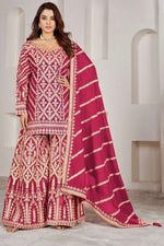 Maroon Chinon Silk Plazo Suit For Indian Weddings & Pakitani Festival - Embroidery Work, Mirror Work