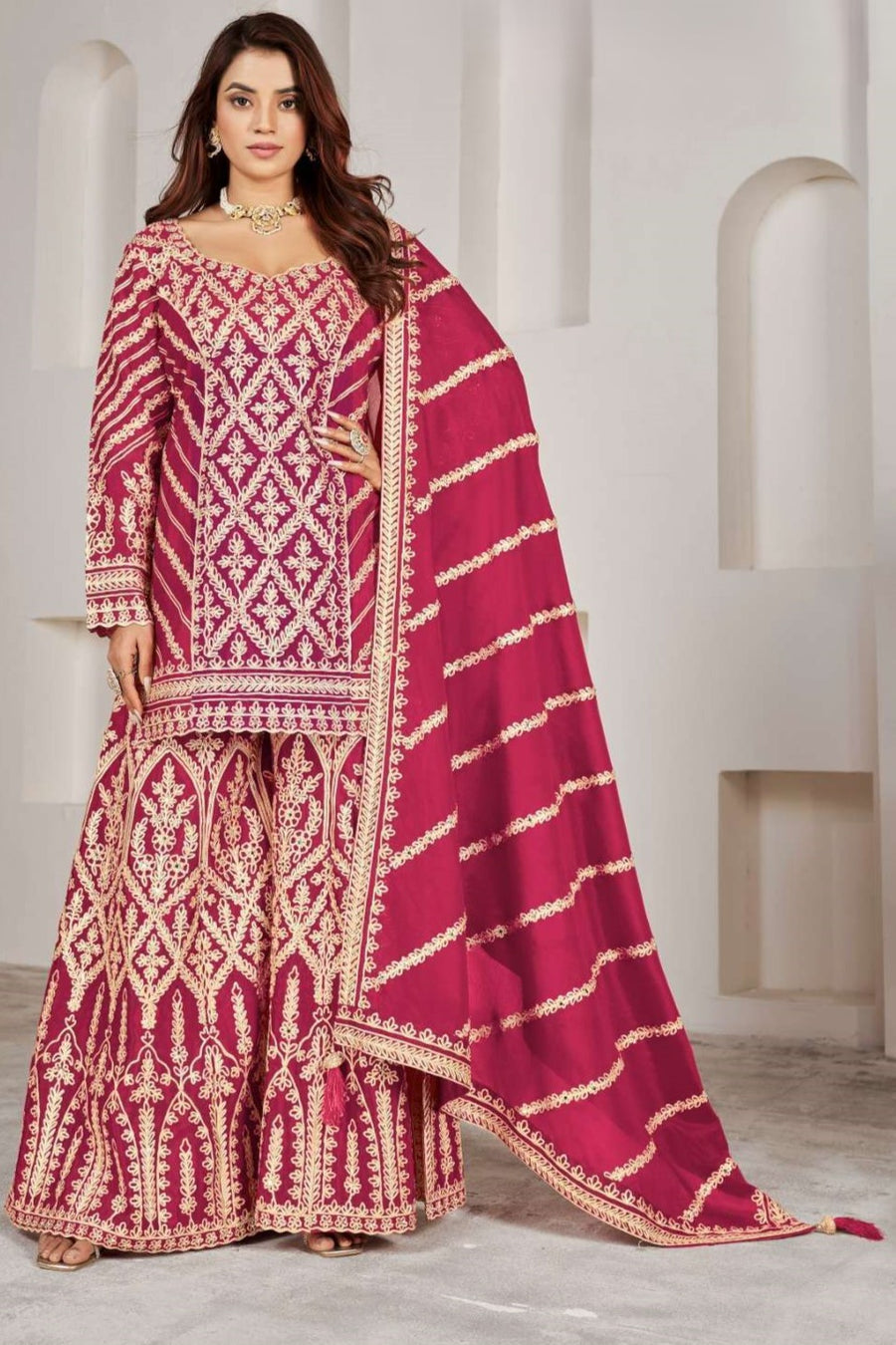 Maroon Chinon Silk Plazo Suit For Indian Weddings & Pakitani Festival - Embroidery Work, Mirror Work