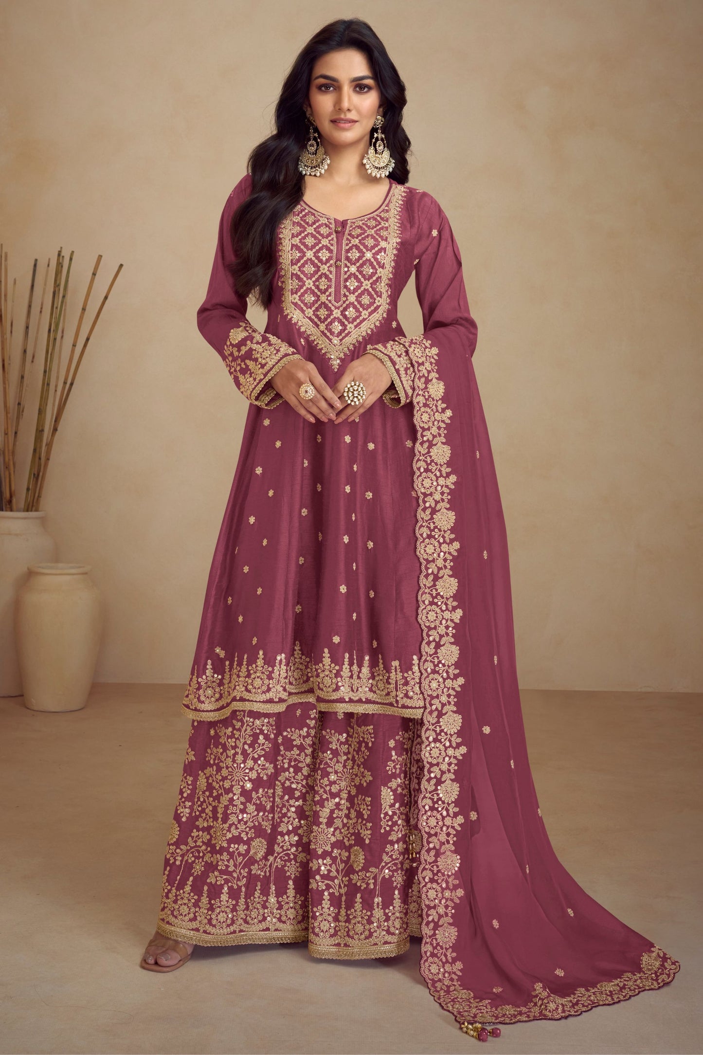 Maroon Chinon Silk Plazo Suit For Indian Weddings & Pakitani Festival - Embroidery Work