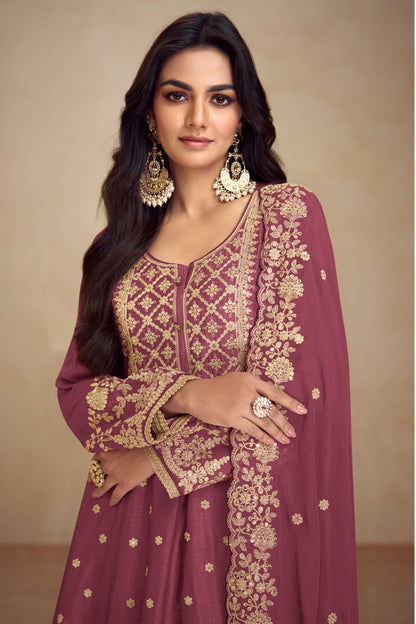 Maroon Chinon Silk Plazo Suit For Indian Weddings & Pakitani Festival - Embroidery Work