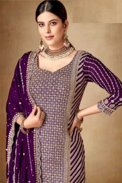 Maroon Chinon Silk Sharara Suits Dress for Indian Festival & Pakistani Wedding - Sequence Embroidery Work, Zari Work