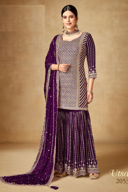 Maroon Chinon Silk Sharara Suits Dress for Indian Festival & Pakistani Wedding - Sequence Embroidery Work, Zari Work