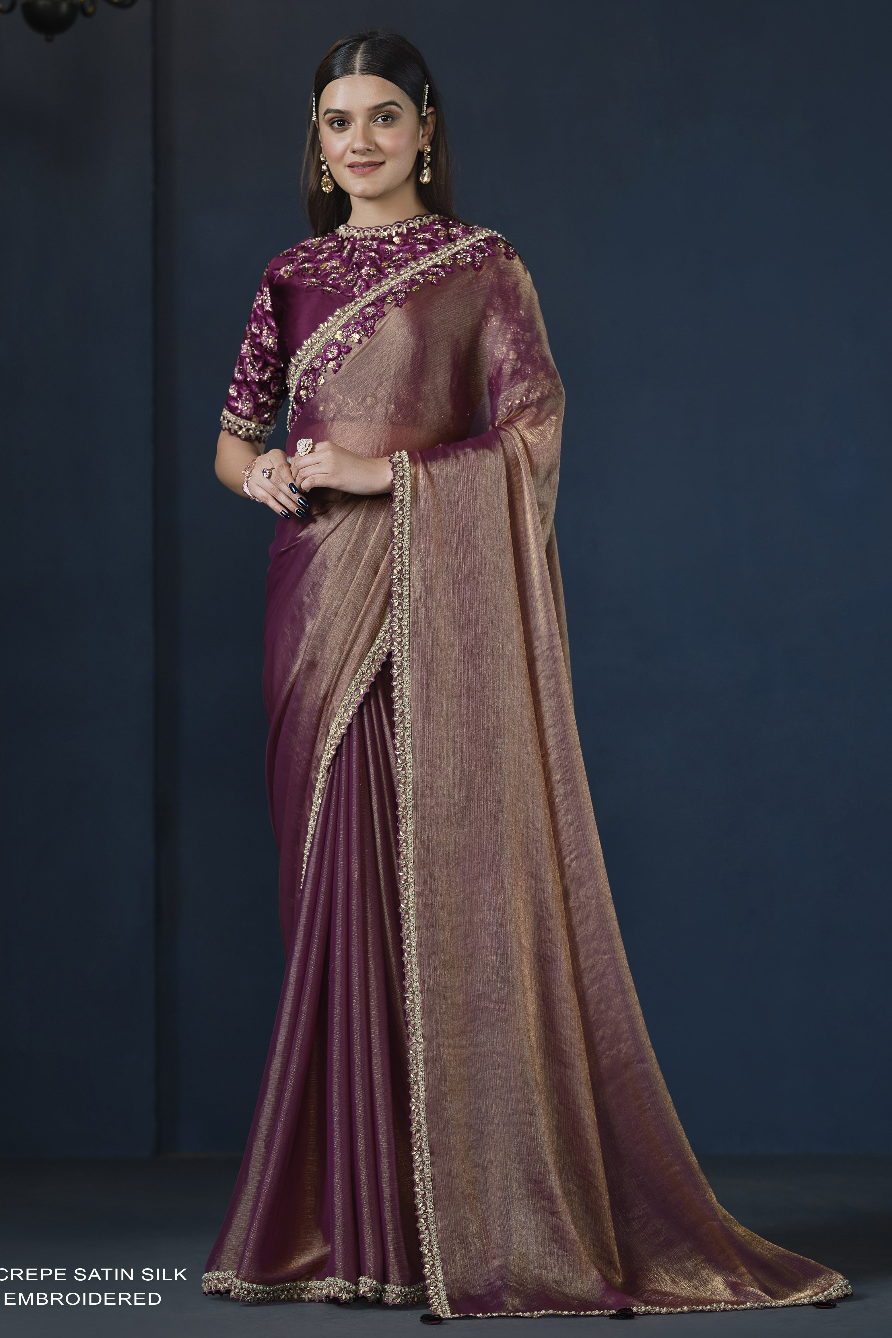 Maroon Crepe Satin Silk Saree With Stitched Blouse For Indian & Pakistani Wedding Festival - Zari Work, Hand Work, Thread Embroidery Work