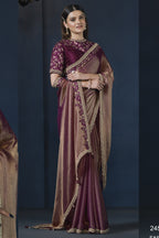 Maroon Crepe Satin Silk Saree With Stitched Blouse For Indian & Pakistani Wedding Festival - Zari Work, Hand Work, Thread Embroidery Work