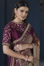 Maroon Crepe Satin Silk Saree With Stitched Blouse For Indian & Pakistani Wedding Festival - Zari Work, Hand Work, Thread Embroidery Work