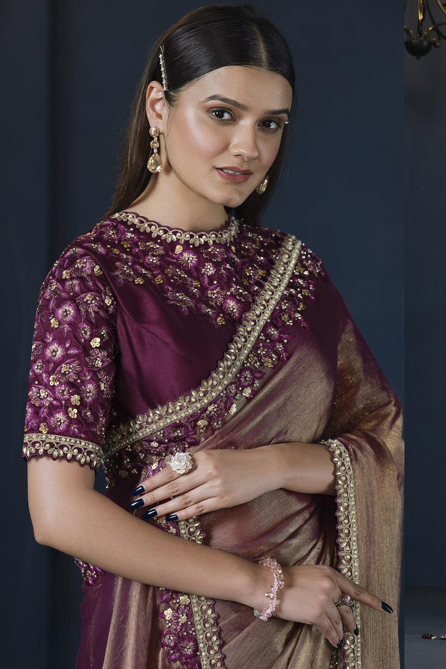 Maroon Crepe Satin Silk Saree With Stitched Blouse For Indian & Pakistani Wedding Festival - Zari Work, Hand Work, Thread Embroidery Work