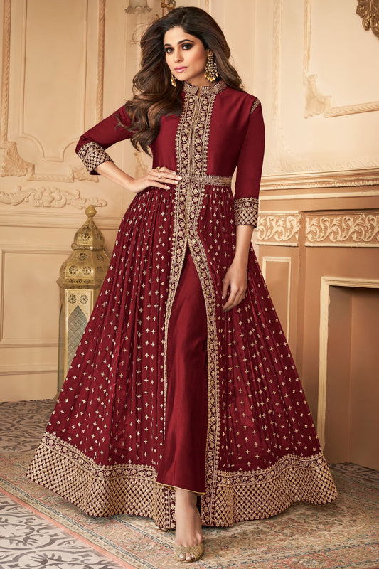 Maroon Georgette Anarkali Gown For Indian Festivals & Pakistani Weddings Dress - Sequence Embroidery Work, Stone work