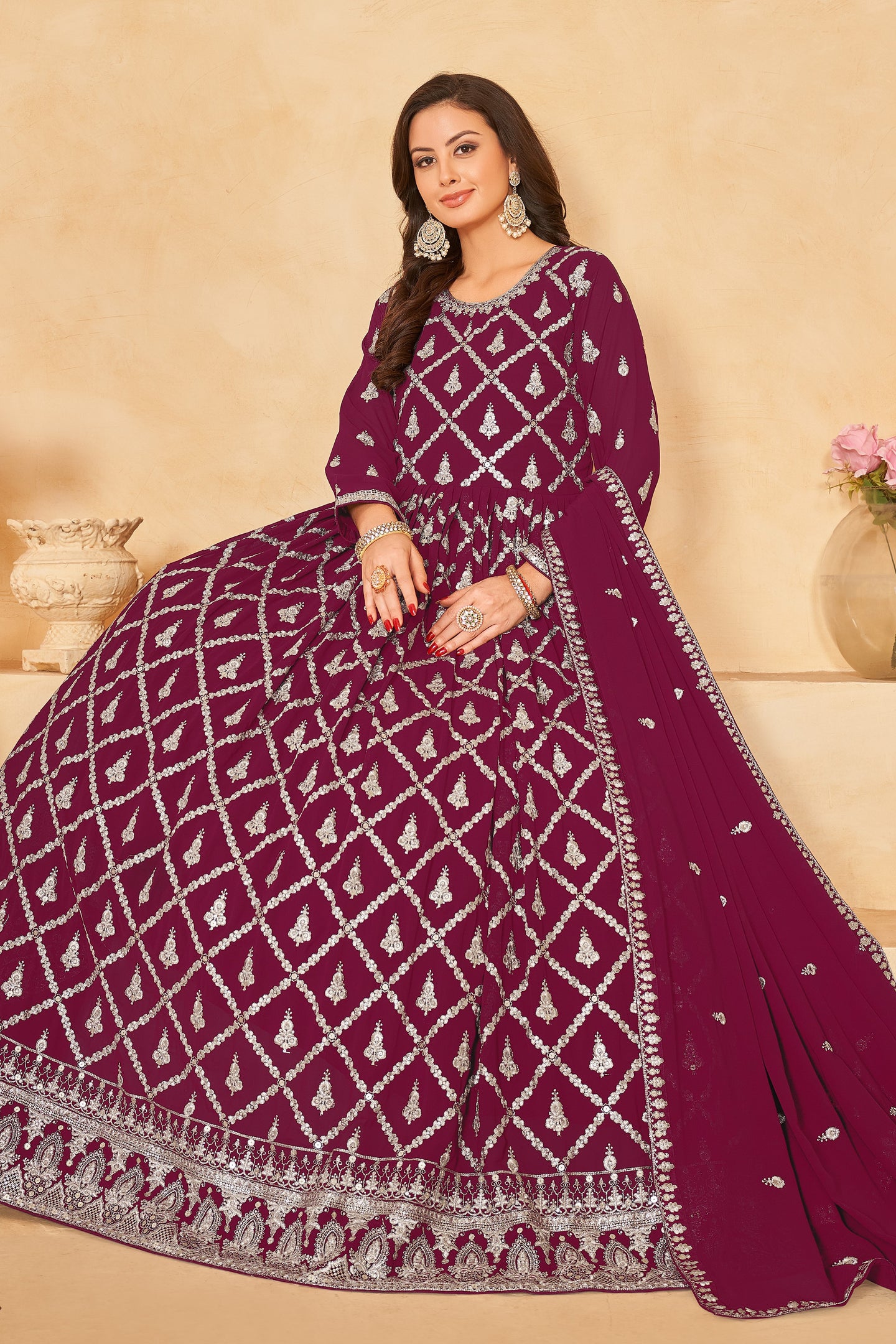 Maroon Georgette Anarkali Wear with Sequins and Thread Embroidery Work
