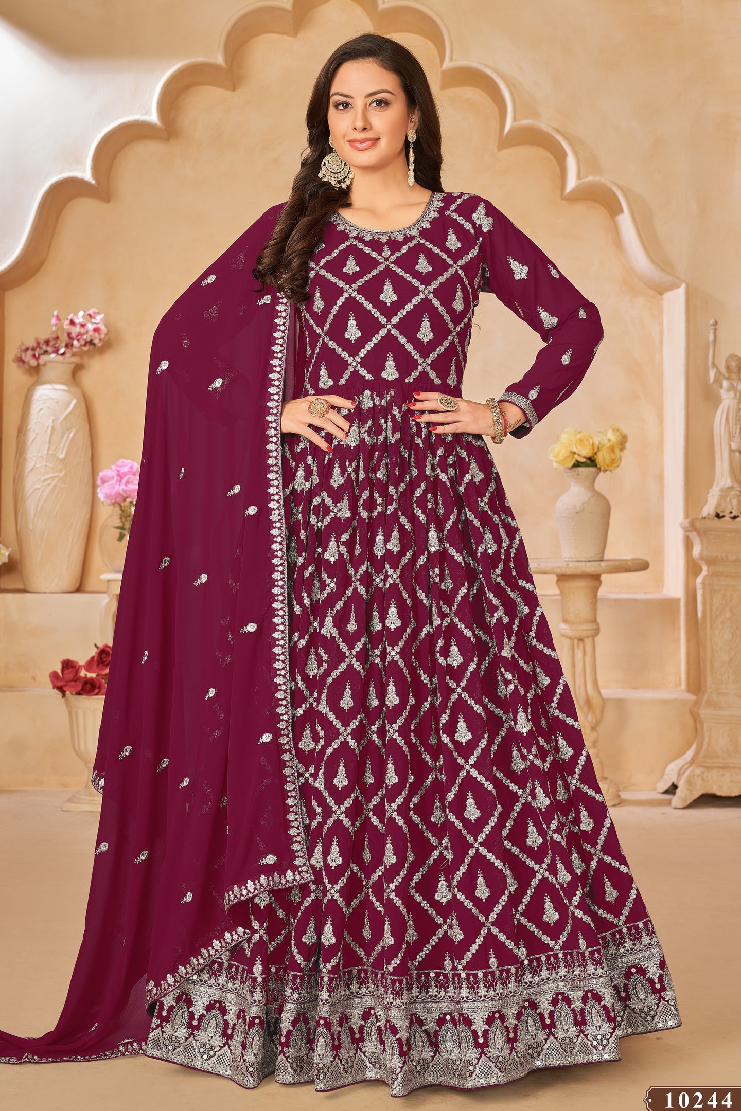 Maroon Georgette Anarkali Wear with Sequins and Thread Embroidery Work