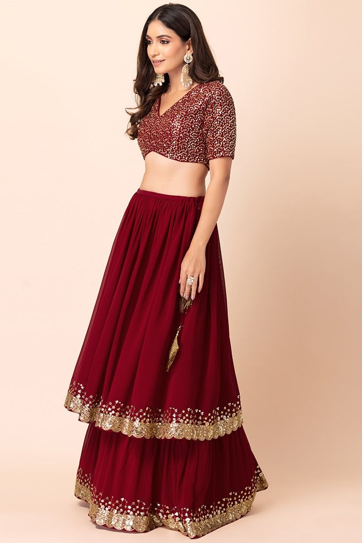 Maroon Georgette Ghagra Choli for Women with Zari and Sequin Work
