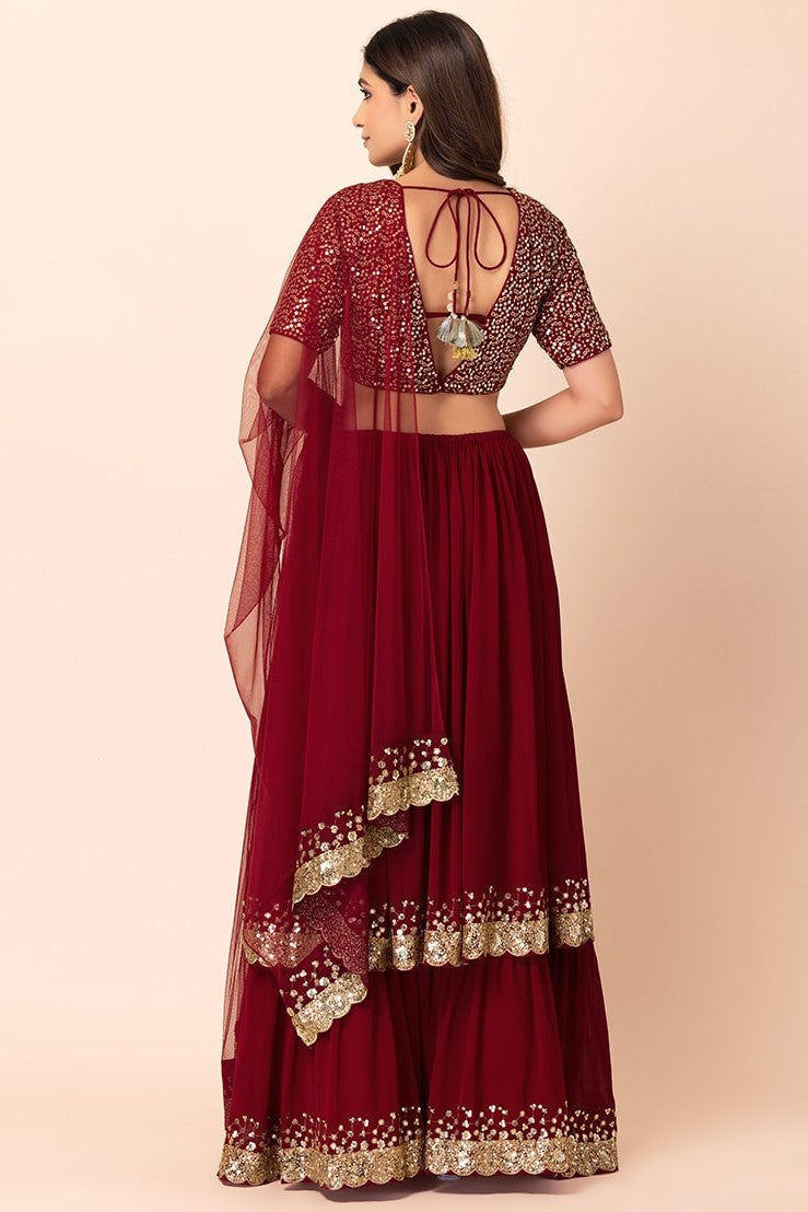 Maroon Georgette Ghagra Choli for Women with Zari and Sequin Work