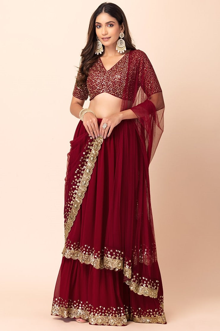Maroon Georgette Ghagra Choli for Women with Zari and Sequin Work