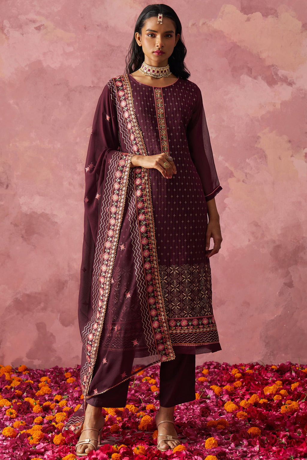 Maroon Georgette Kameez with Pant & Dupatta For Ladies Indian Festivals & Weddings - Embroidery Work