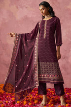 Maroon Georgette Kameez with Pant & Dupatta For Ladies Indian Festivals & Weddings - Embroidery Work