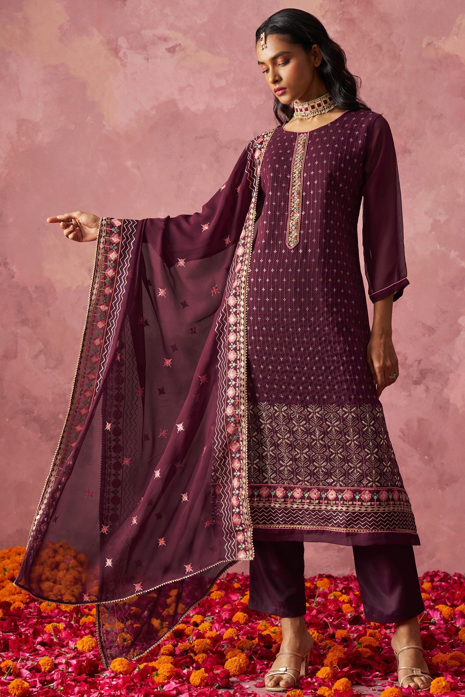Maroon Georgette Kameez with Pant & Dupatta For Ladies Indian Festivals & Weddings - Embroidery Work