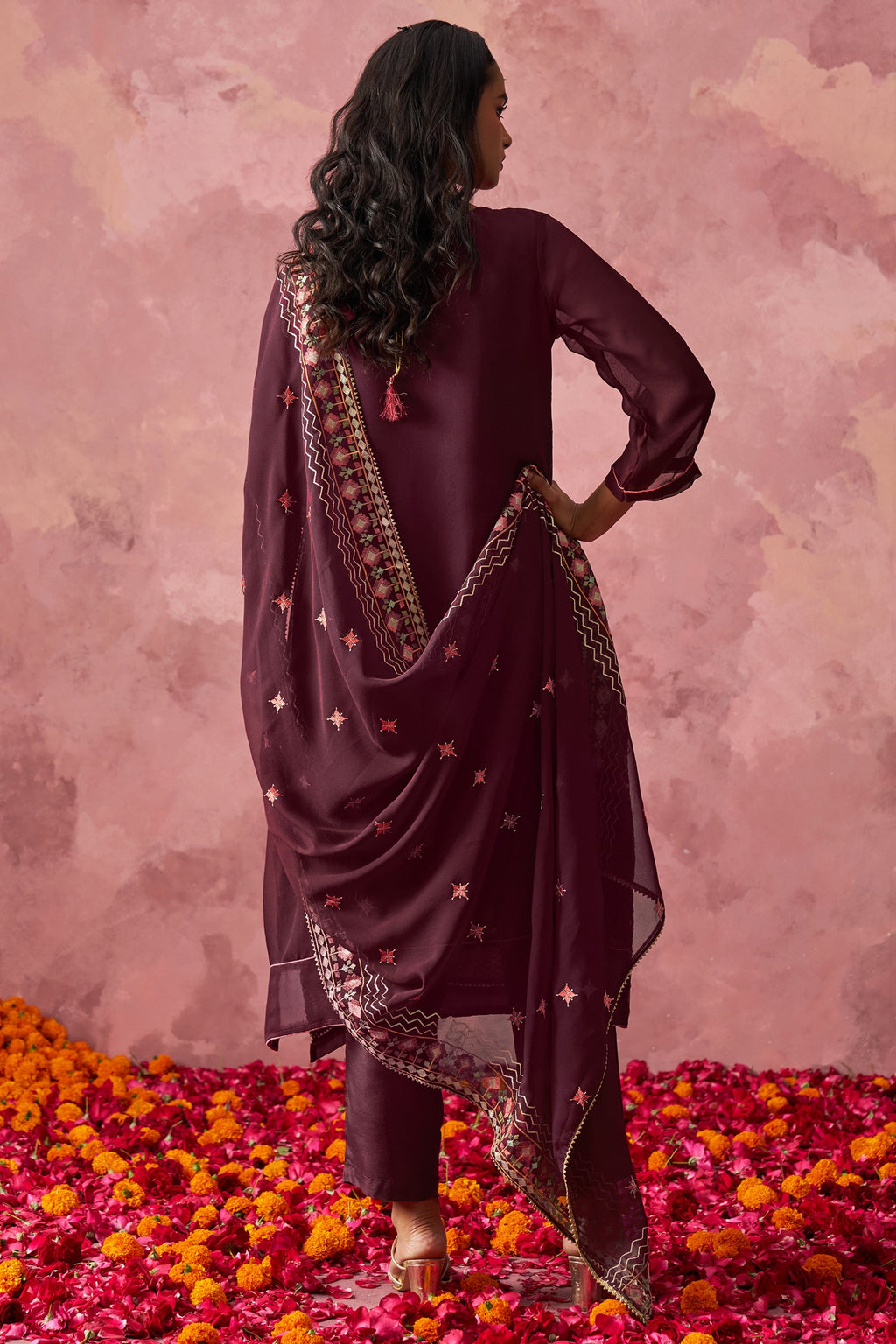 Maroon Georgette Kameez with Pant & Dupatta For Ladies Indian Festivals & Weddings - Embroidery Work