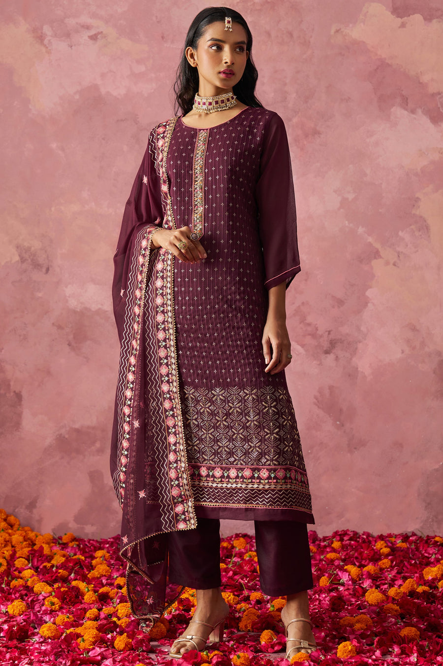 Maroon Georgette Kameez with Pant & Dupatta For Ladies Indian Festivals & Weddings - Embroidery Work