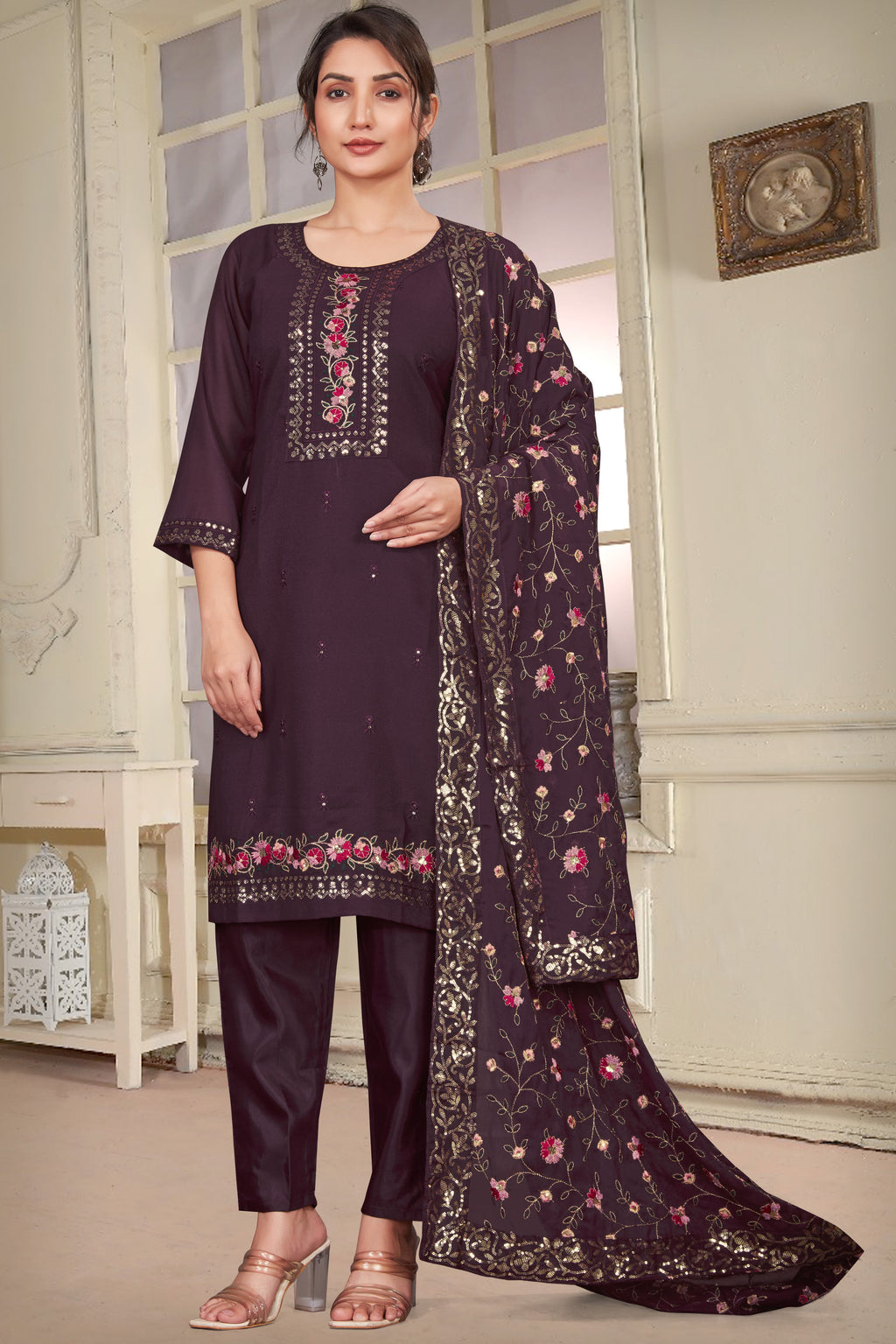 Dark Purple Georgette Kameez with Pant For Indian Wedding & Festival - Embroidery Work