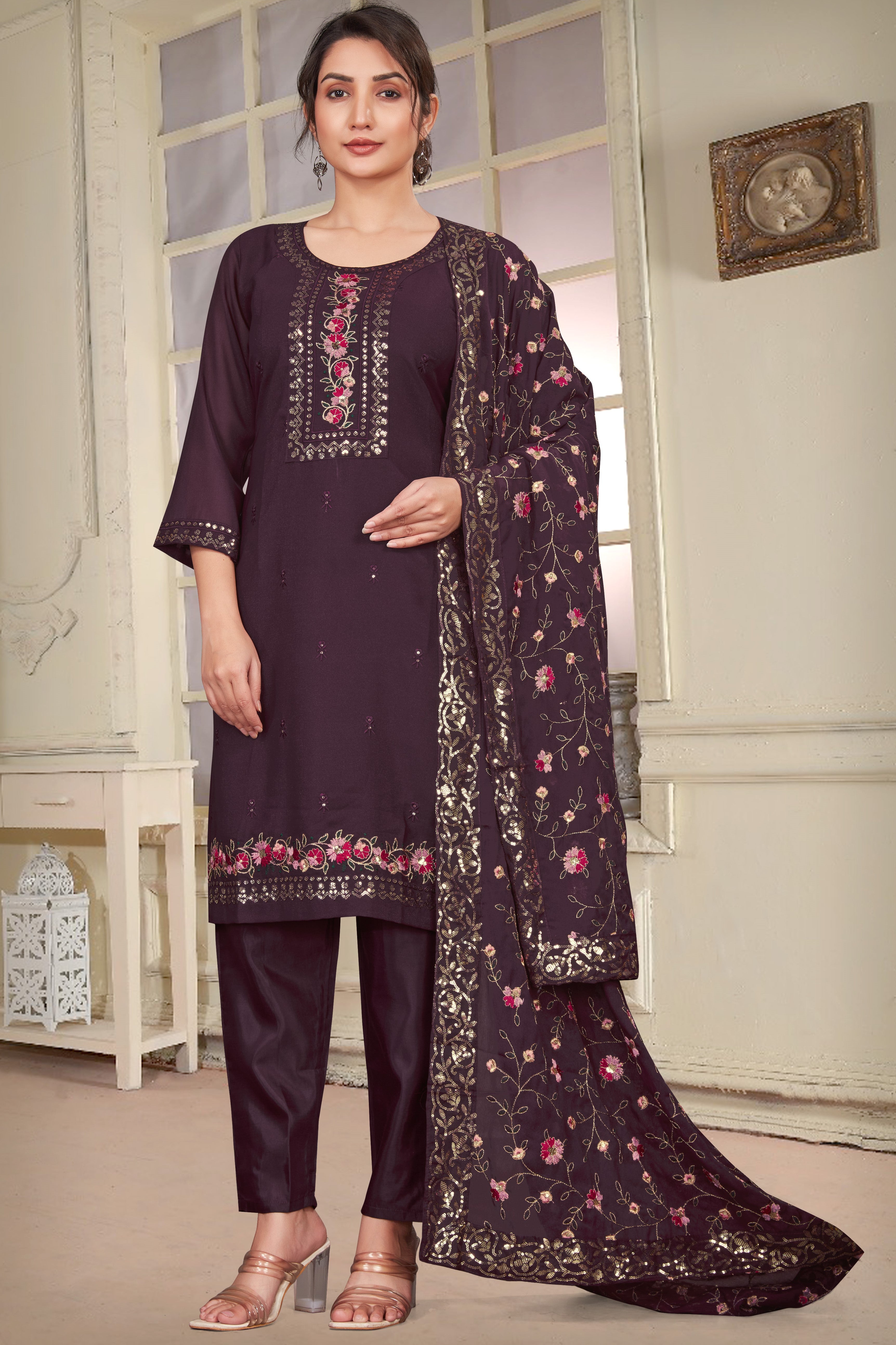 Dark Purple Georgette Kameez with Pant For Indian Wedding & Festival - Embroidery Work