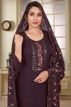 Dark Purple Georgette Kameez with Pant For Indian Wedding & Festival - Embroidery Work