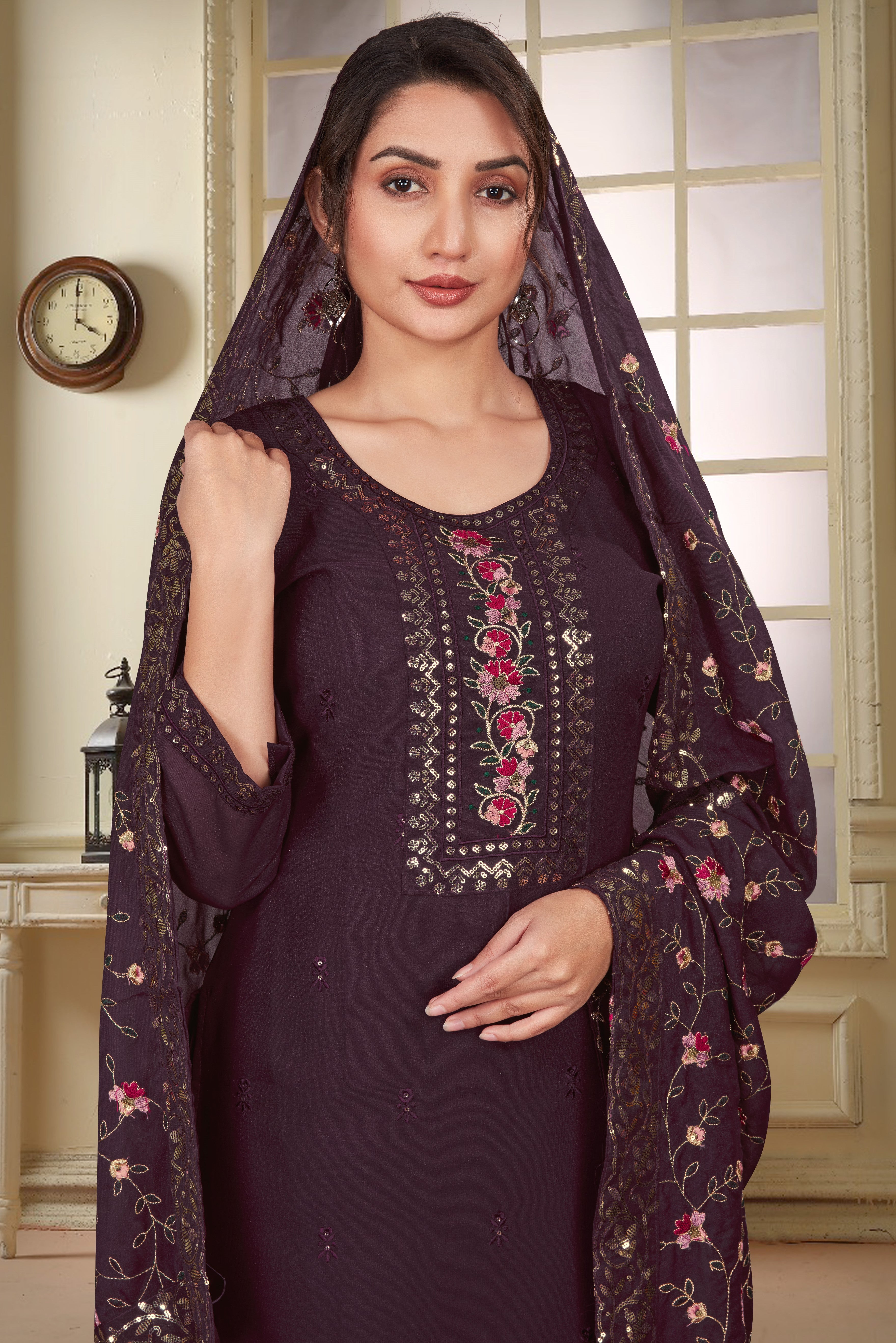 Dark Purple Georgette Kameez with Pant For Indian Wedding & Festival - Embroidery Work